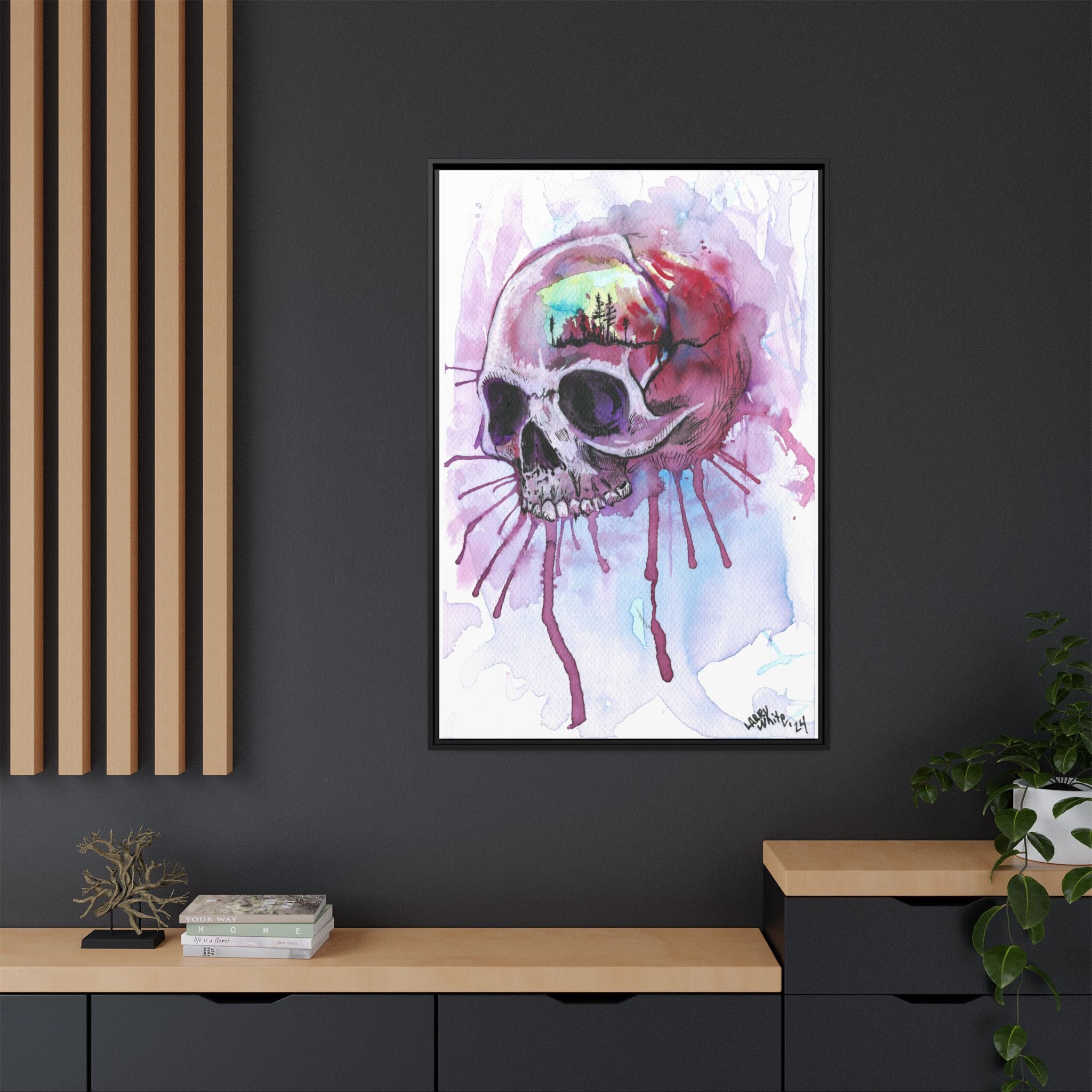 Sweet Home Watercolor Skull Canvas Print — Matte Framed Wall Art