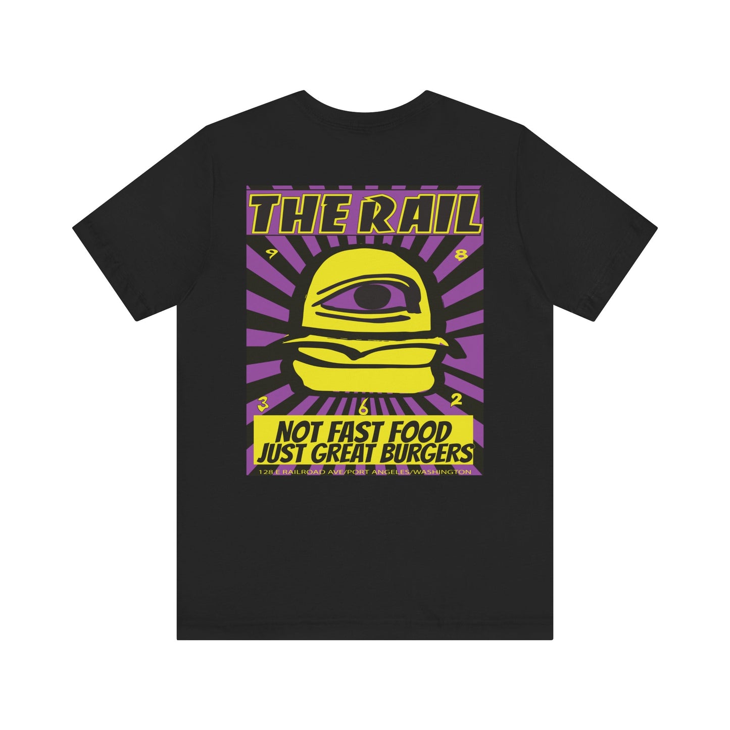 Retro Burger Graphic Tee - Unisex Short Sleeve Shirt with 'The Rail' Print