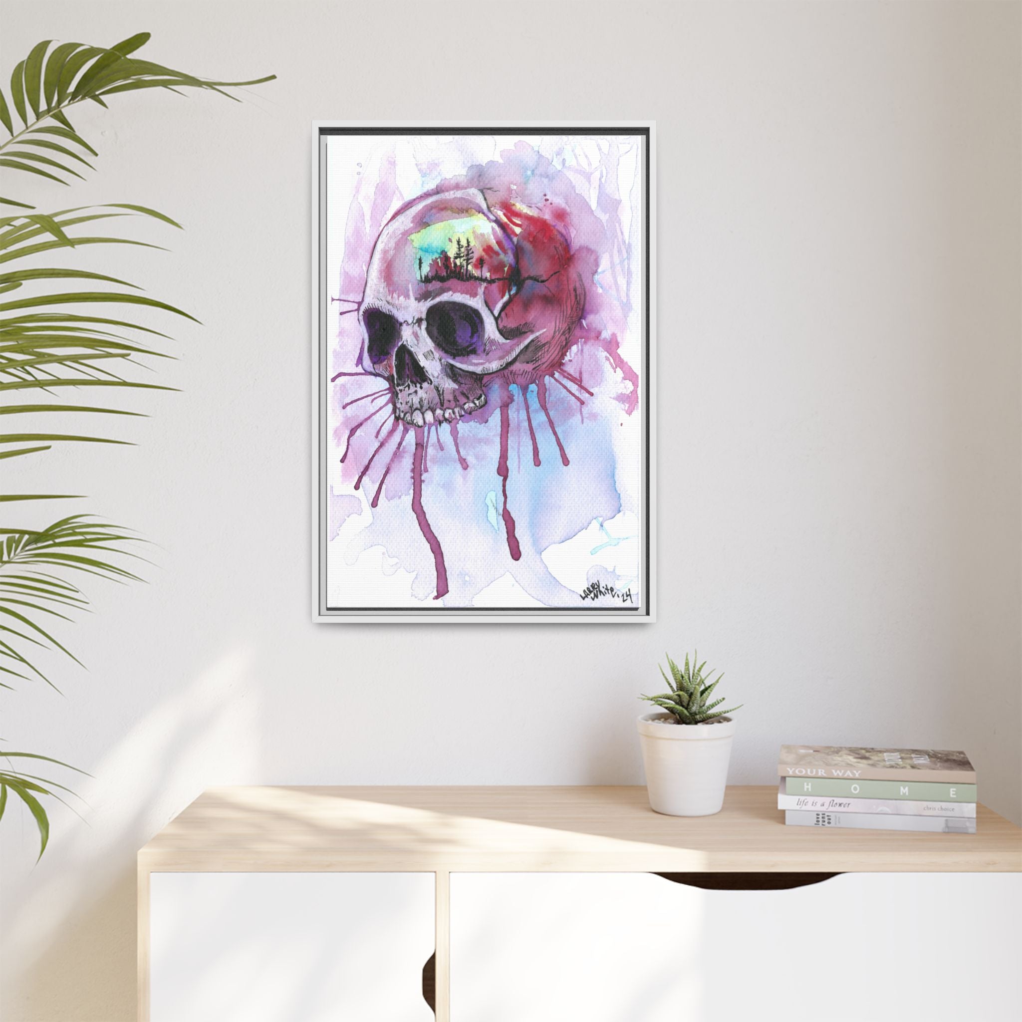 Sweet Home Watercolor Skull Canvas Print — Matte Framed Wall Art