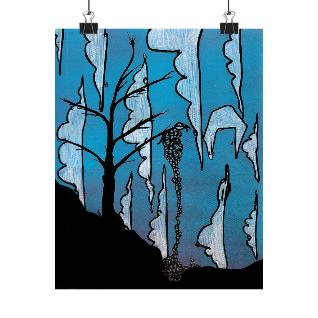 Artistic depiction of a dark forest with twisted trees and a chain hanging from a tree, set against a blue sky.