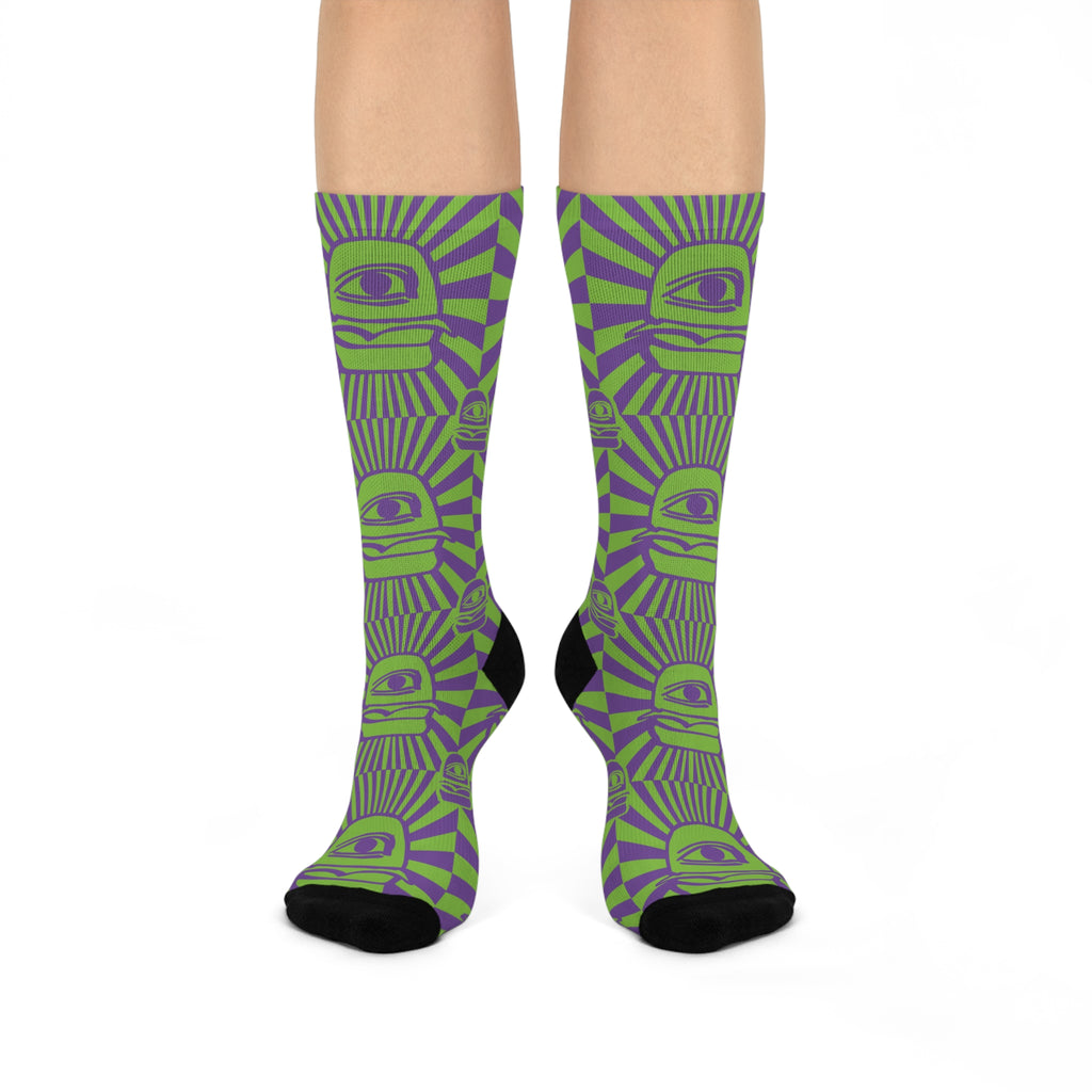 all seeing burger eye Cushioned Crew Socks - Purple and Green
