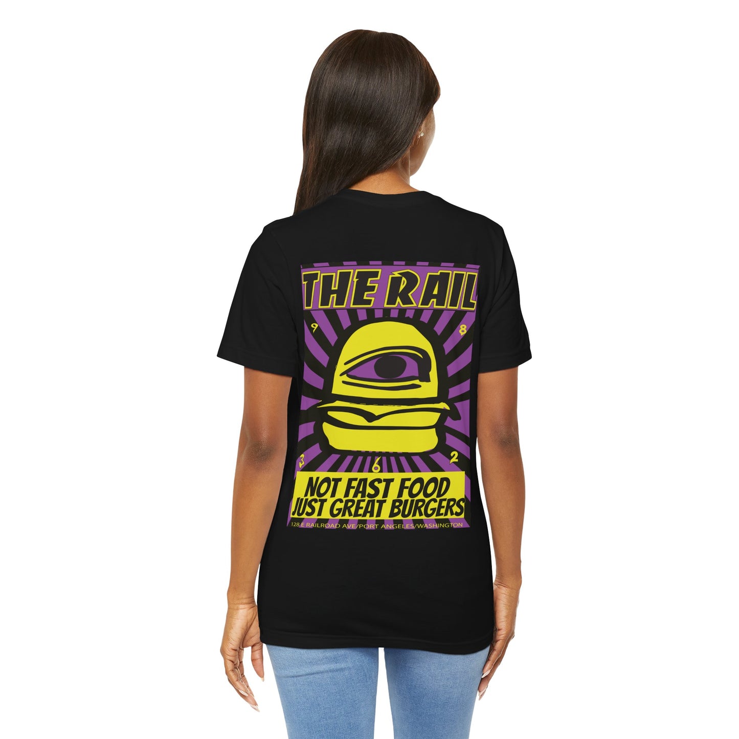 Retro Burger Graphic Tee - Unisex Short Sleeve Shirt with 'The Rail' Print
