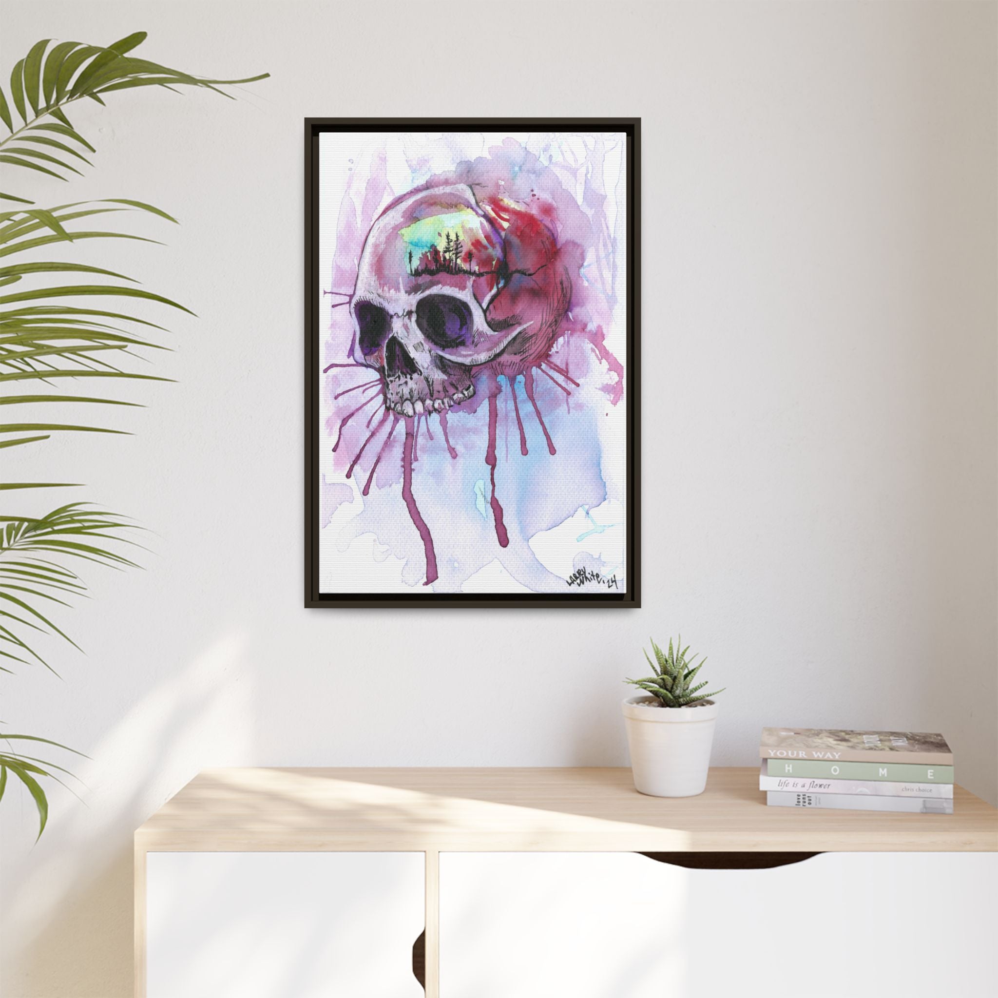 Sweet Home Watercolor Skull Canvas Print — Matte Framed Wall Art