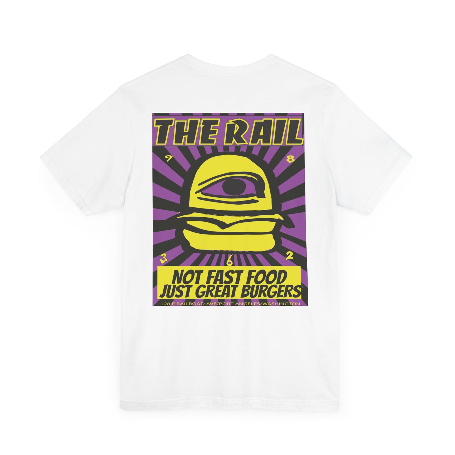 Retro Burger Graphic Tee - Unisex Short Sleeve Shirt with 'The Rail' Print