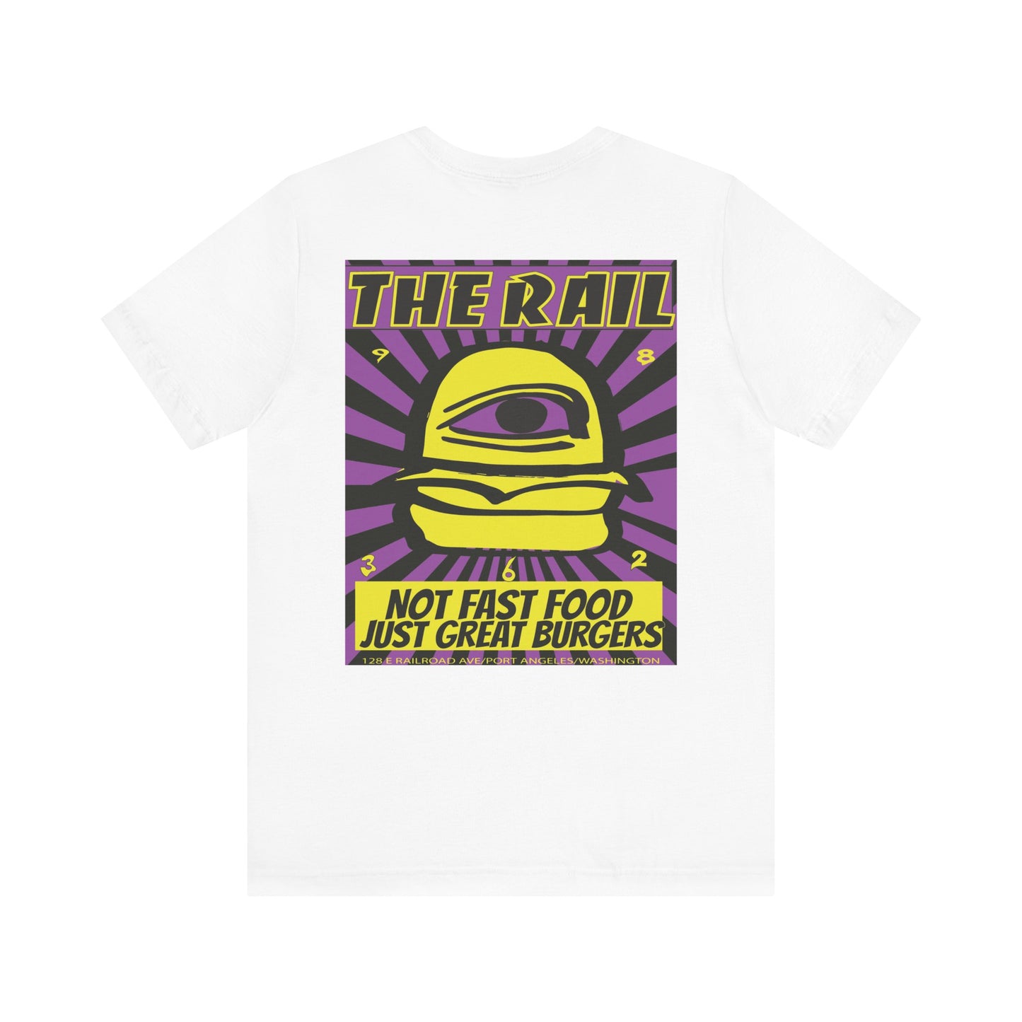 Retro Burger Graphic Tee - Unisex Short Sleeve Shirt with 'The Rail' Print