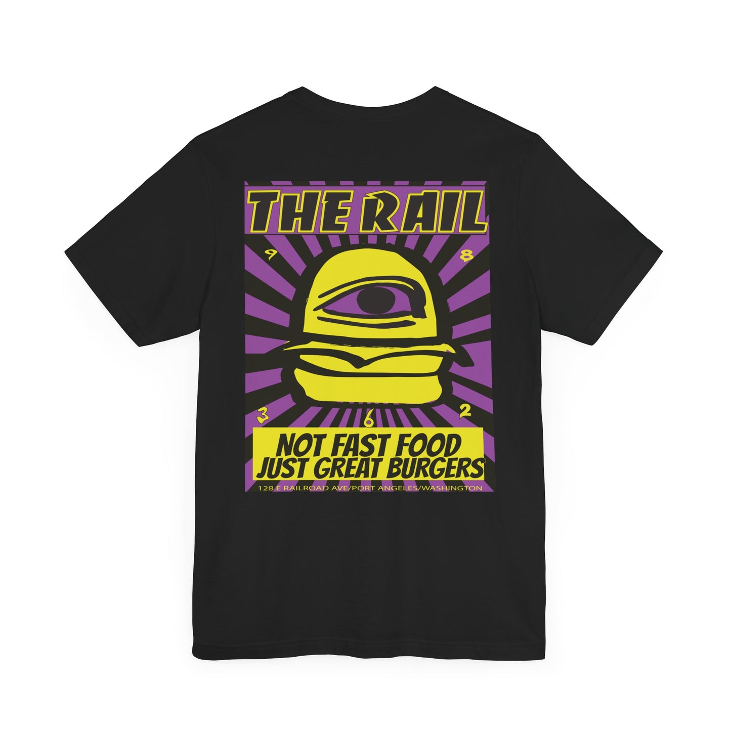 Retro Burger Graphic Tee - Unisex Short Sleeve Shirt with 'The Rail' Print